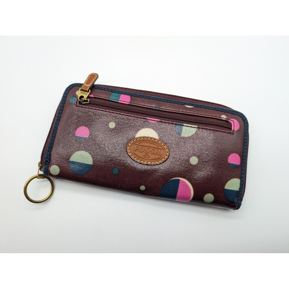 Fossil Key-per Vinyl Wallet Total Eclipse Zip Around Polka Dot Chocolate‎ Brown